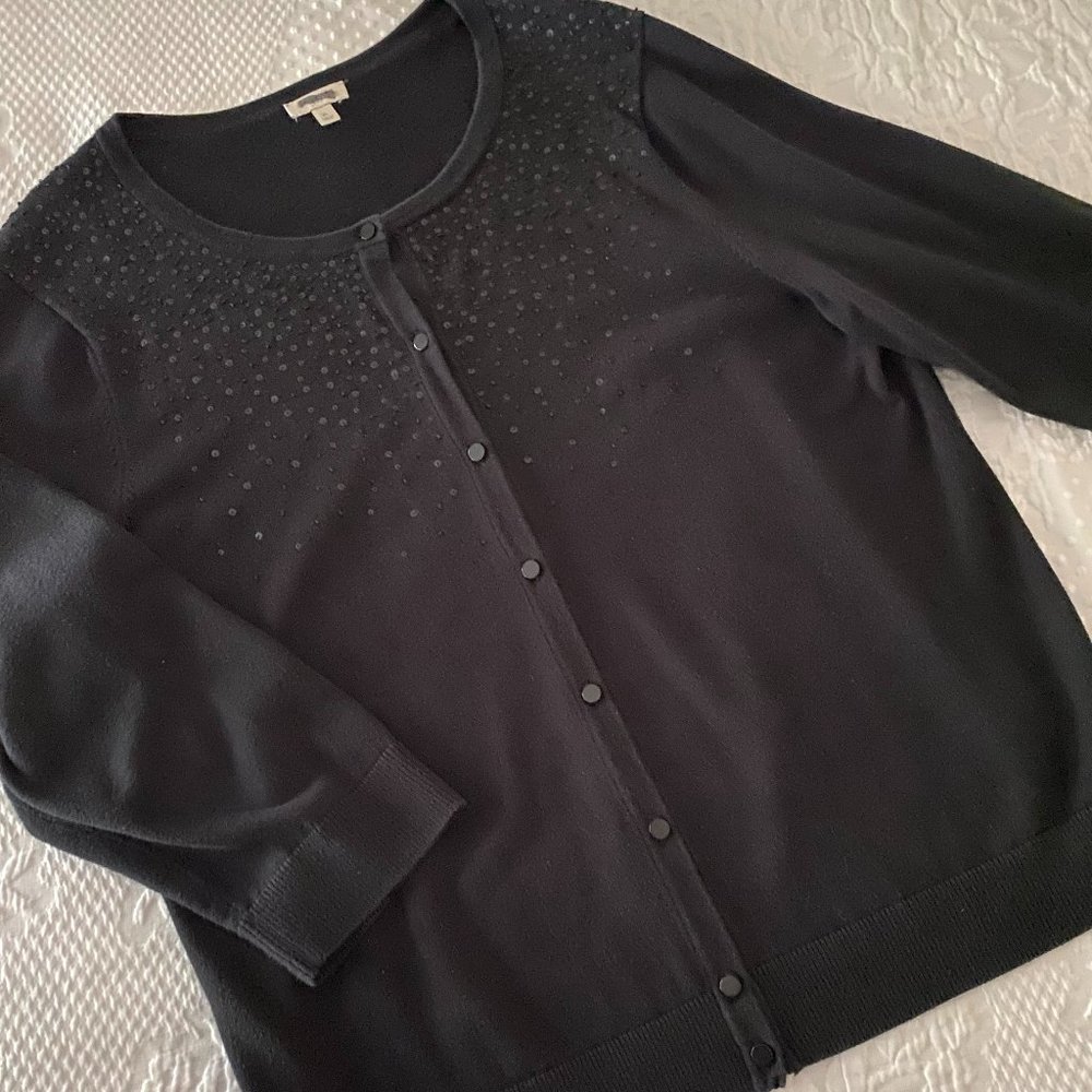 Talbots 3/4 sleeve 100% cotton black embellished cardigan, Misses XL